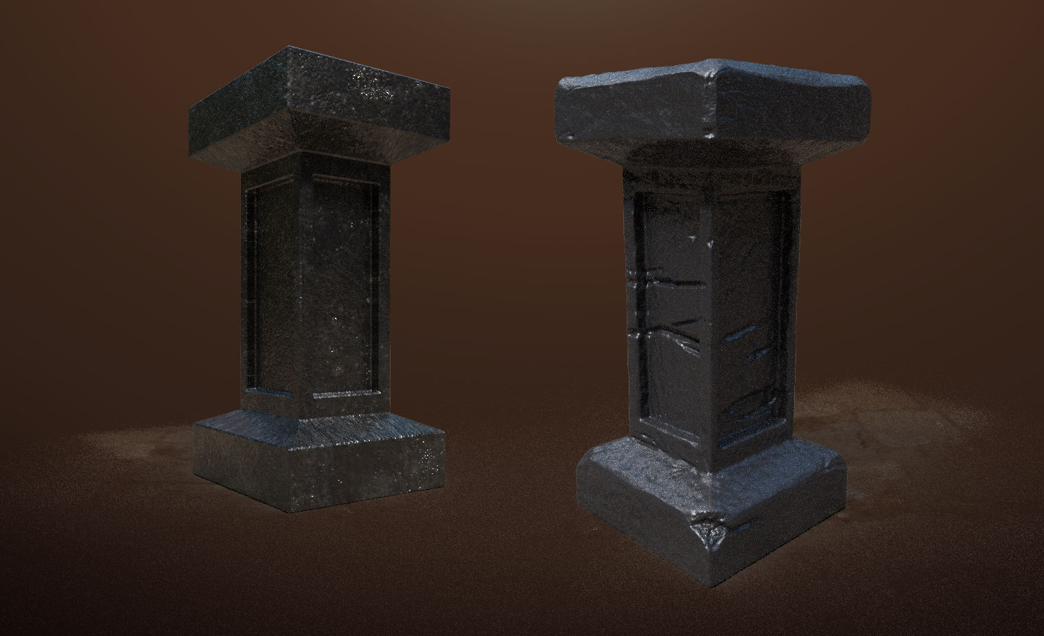 Two columns made of black shiny marble