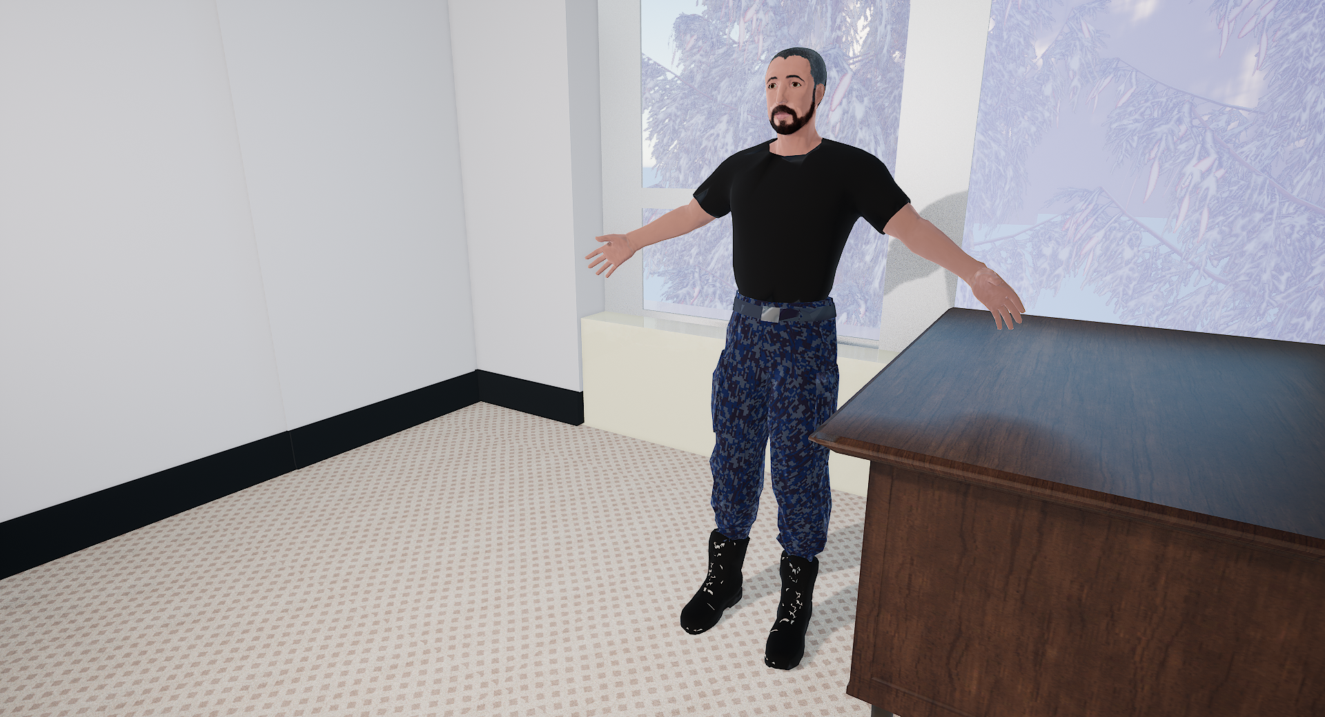 Lieutenant Commander Romeo Foxtrot in an office standing next to a desk