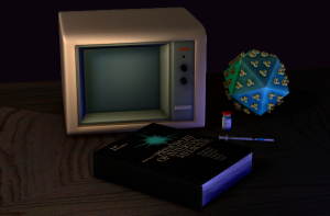 Vanitas with wood table, Turbo PC monitor, internal medicine textbook, COVID vaccine vial, 23G syringe, HIV virus model