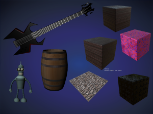 Black bass guitar, wood barrel, bender robot, limestone brick wall texture, ebony texture, coral texture, jaguar spot texture